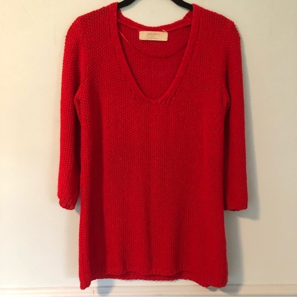 Zara Knit Red Knot V-Neck Sweater Size Medium